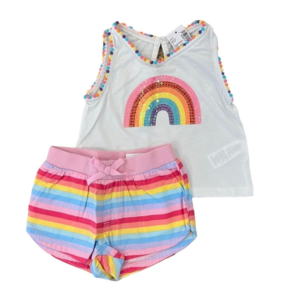 NWT Children's Place White W/Sequin Rainbow Tank & Shorts - SIZE 6-9 M
